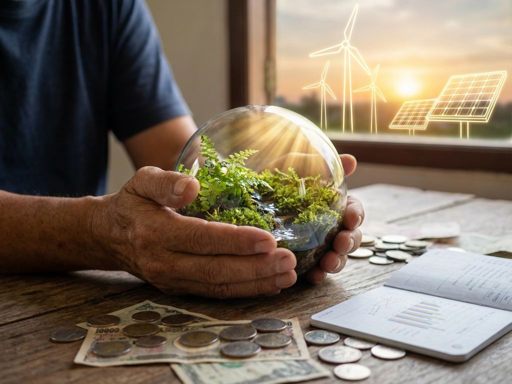 Hands holding glass sphere with miniature green ecosystem above coins and financial documents, renewable energy symbols in background