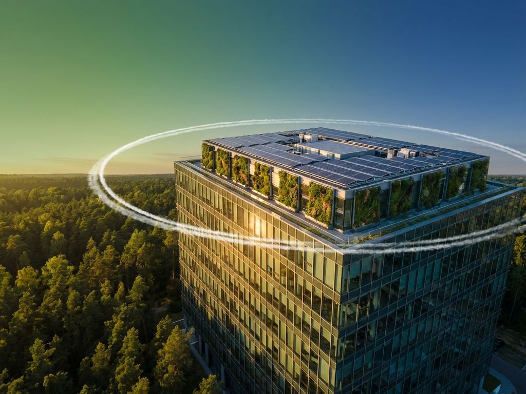 Modern glass office building with solar panels and rooftop gardens surrounded by forest at golden hour