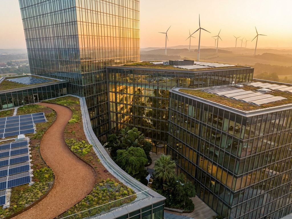 Modern glass office building with rooftop gardens and solar panels, surrounded by circular recycled pathway at golden hour.
