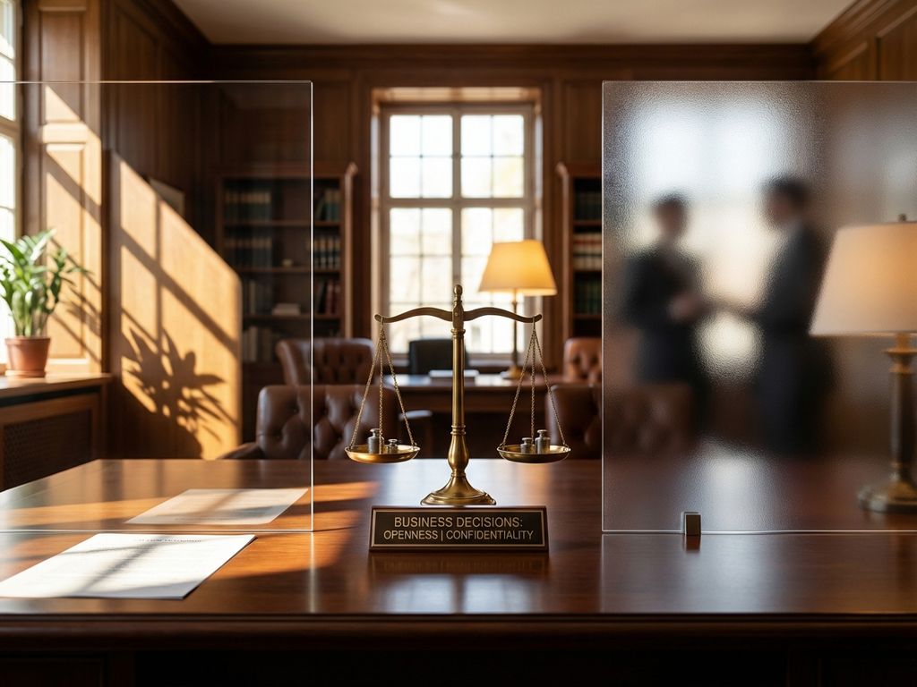 Split-screen showing clear glass with sharp shadows and frosted glass with silhouettes, balanced scale on wooden desk