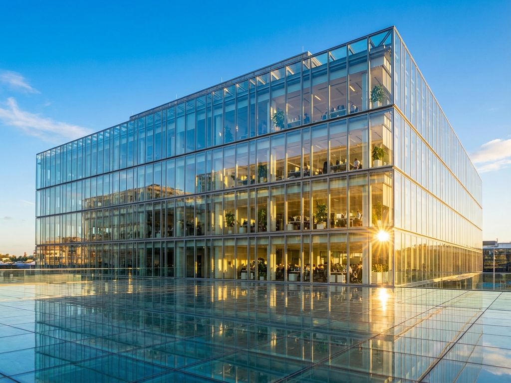 Glass office building with transparent walls showing business activity inside, bright blue sky background, sunlight creating reflections
