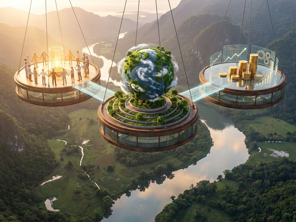 Aerial view of three circular platforms representing triple bottom line: people collaborating, Earth with continents, and financial charts with gold coins connected by light bridges