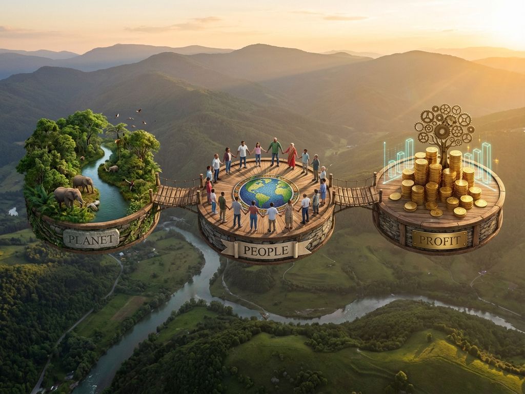 Aerial view of three circular platforms representing sustainability: forests and wildlife, diverse hands united, and coins with growth charts connected by bridges.