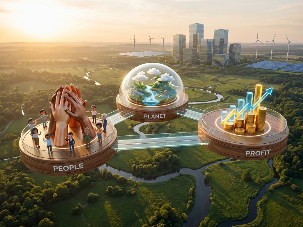 Aerial view of three circular platforms representing triple bottom line: diverse hands (people), green Earth (planet), golden coins (profit).