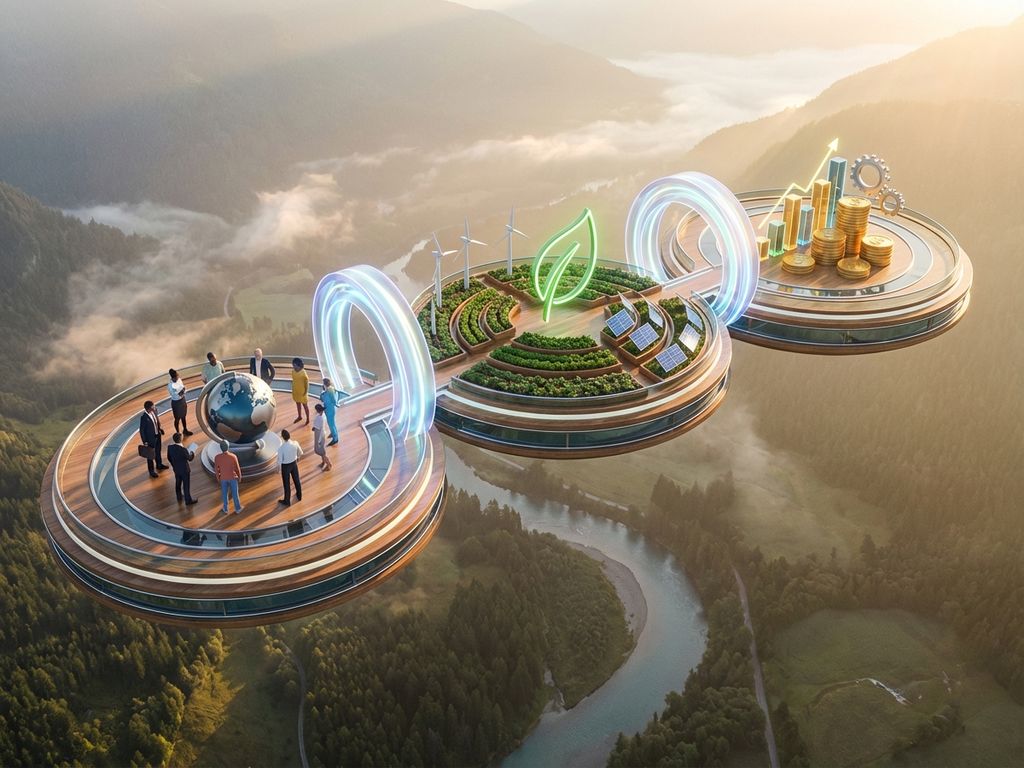 Aerial view of three connected circular platforms representing triple bottom line: people collaborating, green energy, and finance.