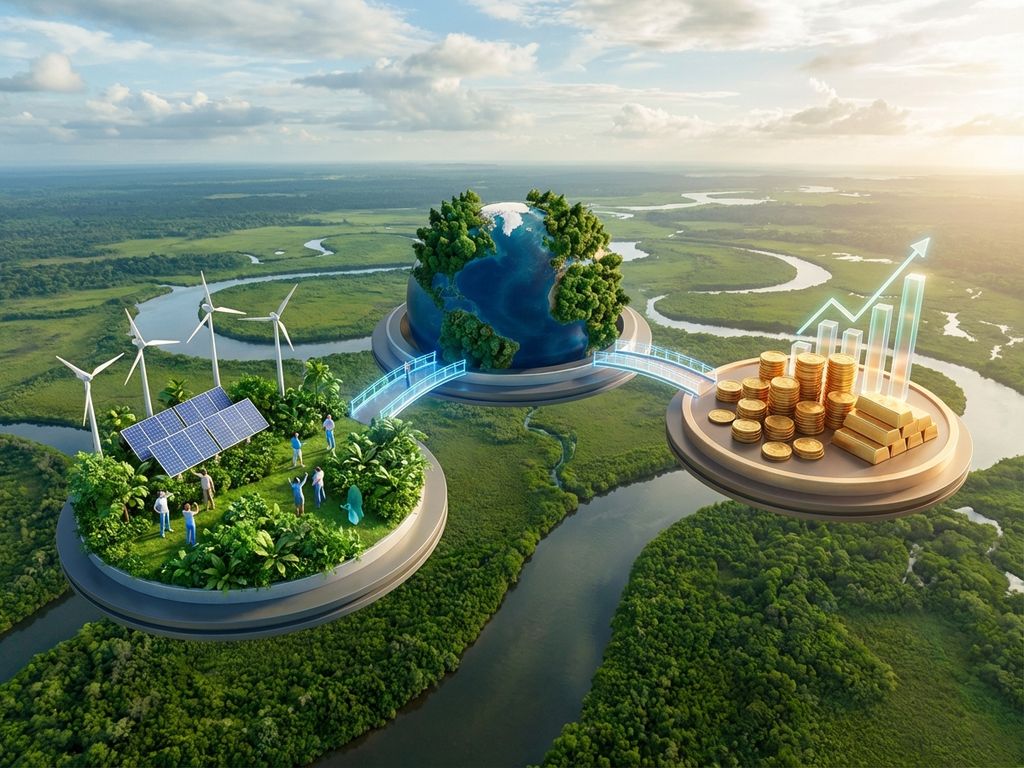 Aerial view of three connected circular platforms representing triple bottom line: green vegetation for people, Earth for planet, golden coins for profit.
