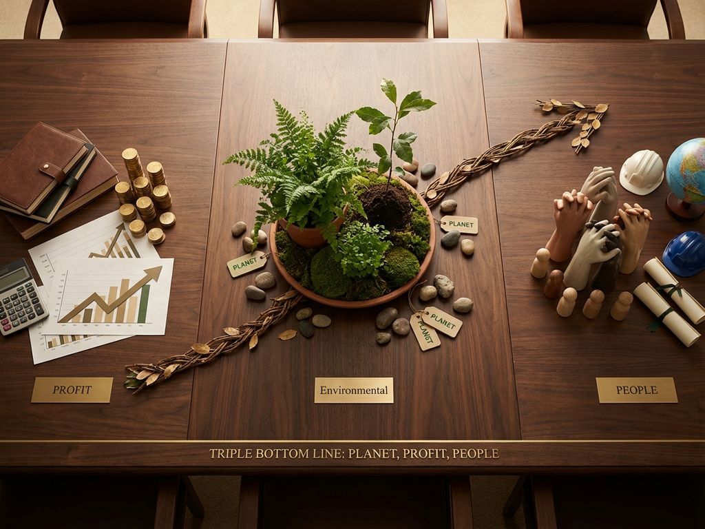 Overhead view of wooden conference table with three sections showing plant, coins with documents, and diverse hands joined together representing triple bottom line business concept