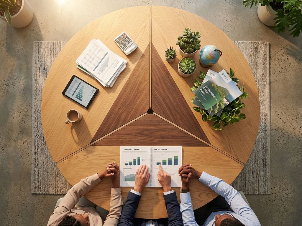 Overhead view of modern conference table showing triple bottom line business concept with financial documents, sustainability reports, and diverse hands collaborating on community impact charts