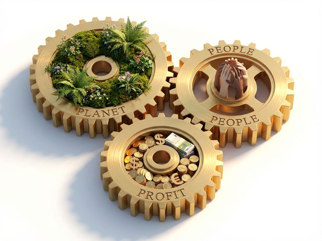 Three interlocking golden gears in triangle formation representing triple bottom line: planet with green plants, people with diverse hands, and profit with gold coins on white background.