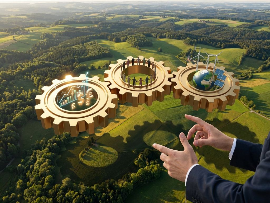 Business leader's hands guiding three golden gears above green landscape representing triple bottom line: profit, people, planet.