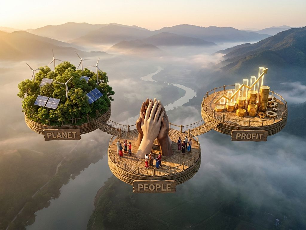 Aerial view of three circular platforms representing triple bottom line: forests and renewable energy, diverse hands in unity, and financial growth charts with coins connected by bridges above natural landscape.