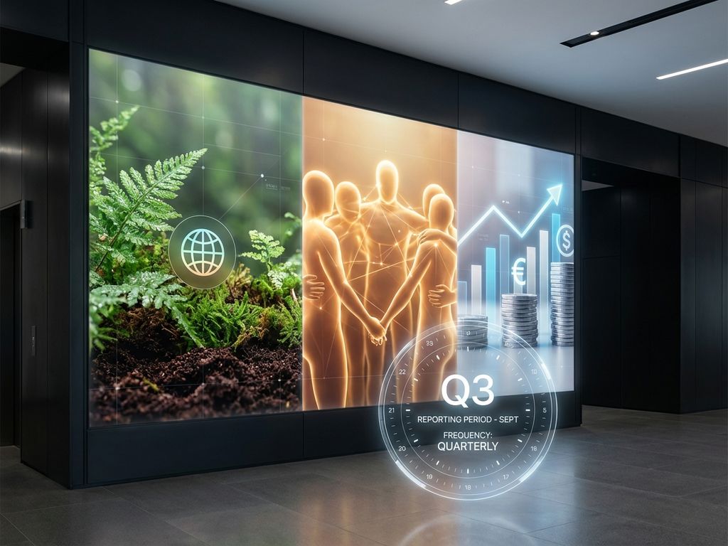 Triple bottom line infographic with green plants for environment, golden human figures for social impact, and blue financial charts for profit with prominent calendar overlay.