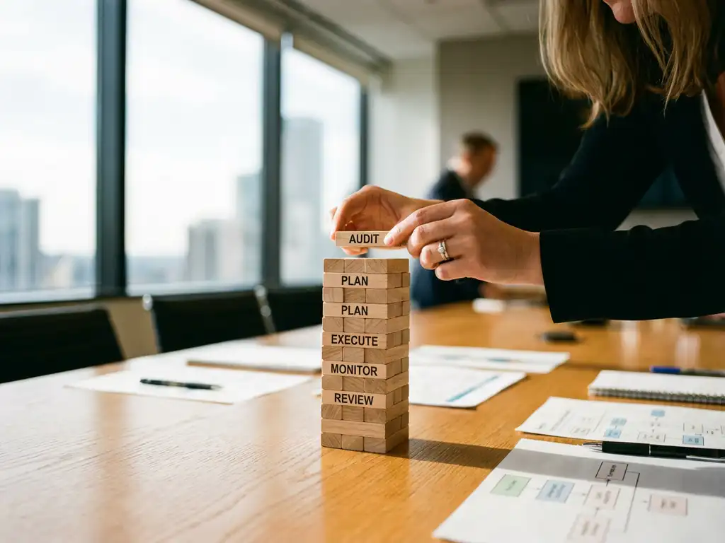 Businesswoman's hands placing final wooden block on tower of accountability process steps on conference table