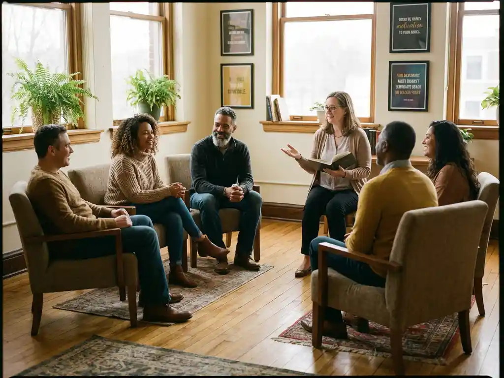 Diverse adult learners in circle discussing with facilitator holding book in bright, plant-filled classroom