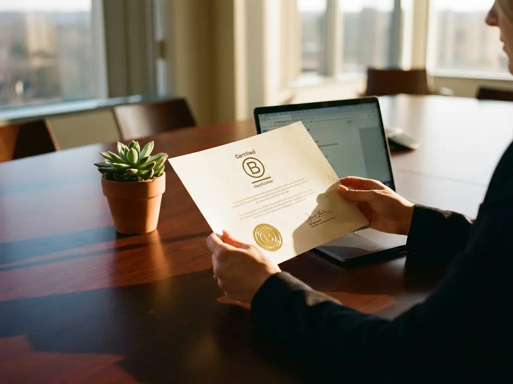 Businesswoman's hands holding B Corp certification document on mahogany conference table in bright office setting.