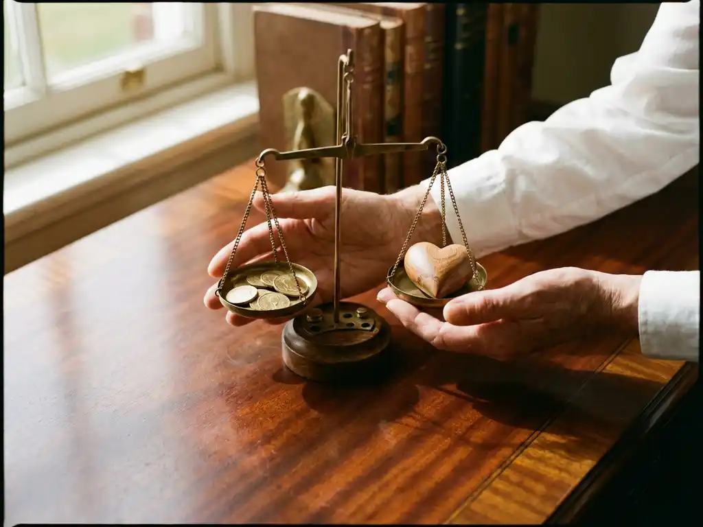 Hands holding vintage brass balance scale with golden coins on one side and wooden heart on the other on mahogany desk.