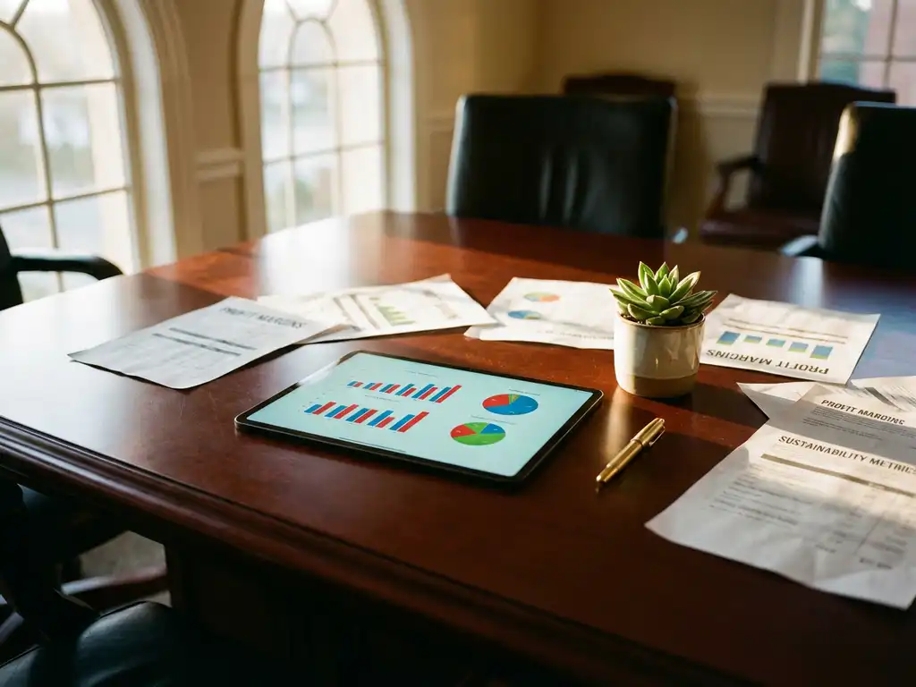 Tablet displaying financial charts on mahogany boardroom table with paper reports, pen, and plant in corporate office