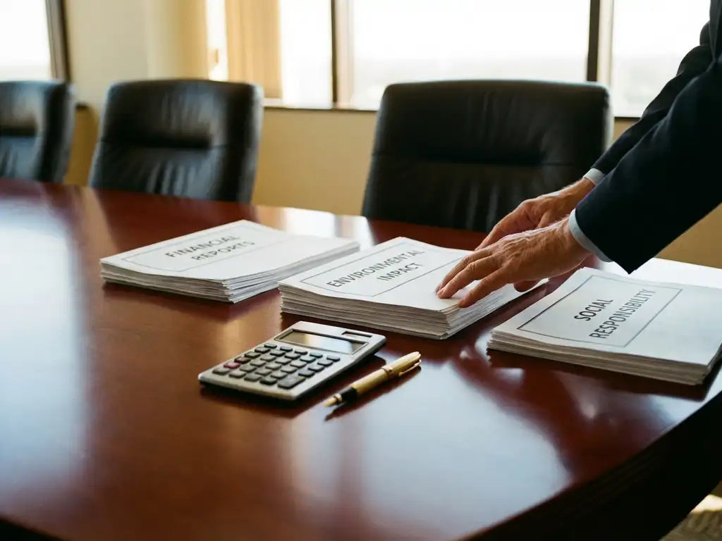 Business documents including financial reports and sustainability metrics on mahogany boardroom table with calculator and pen