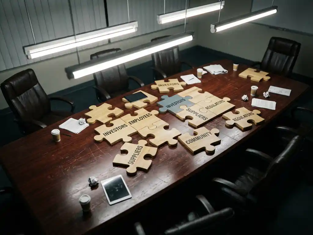 Scattered puzzle pieces on corporate boardroom table with empty chairs, representing disconnected business stakeholders