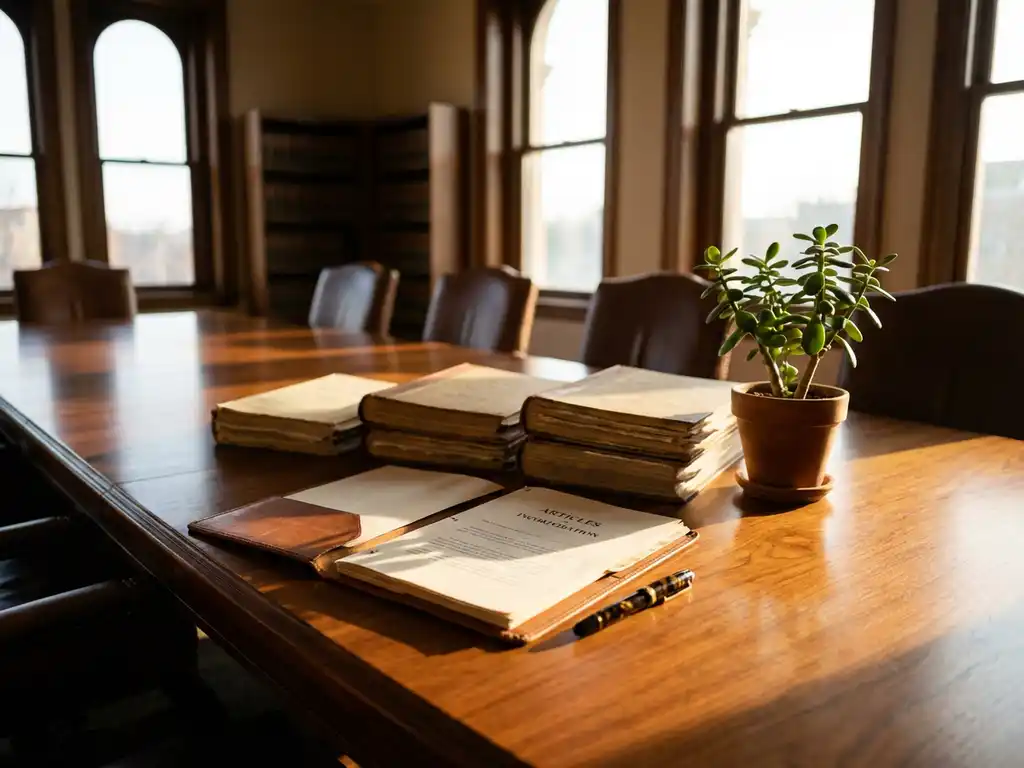 Mahogany boardroom table with legal incorporation documents, fountain pen, and small plant in warm sunlight from tall windows.