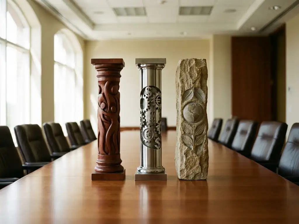 Three architectural columns on wooden conference table representing people, profit, and planet in executive boardroom setting.