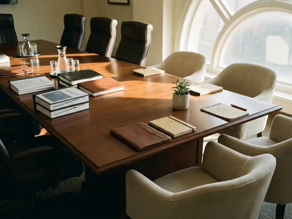 Wooden conference table showing traditional corporate setup with leather chairs and reports on one end, modern collaborative space with plant on other end