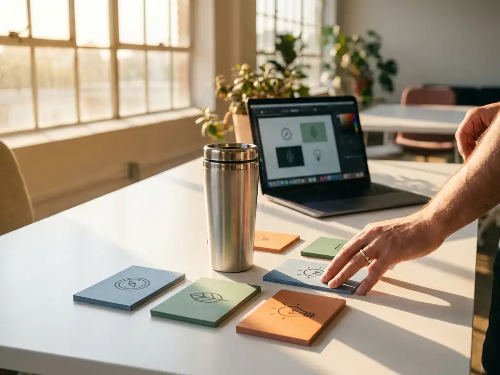 Designer's hands arranging colorful brand value cards around product mockup on white desk in modern creative agency workspace