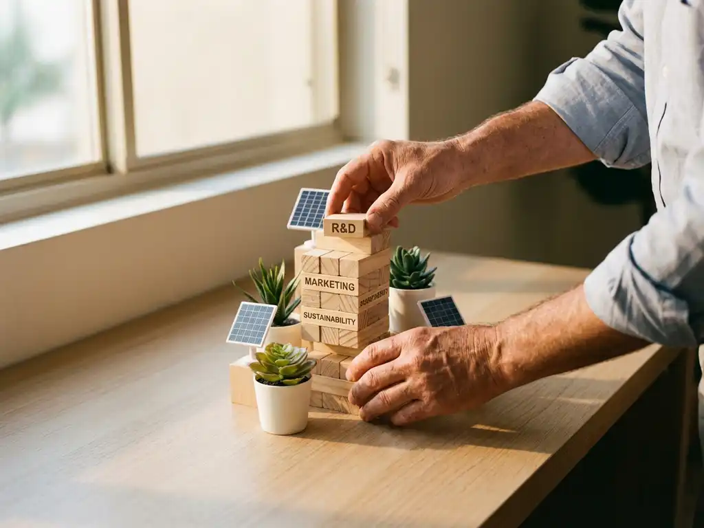 Professional hands arranging wooden blocks representing budget allocations on desk with green plants and solar panels