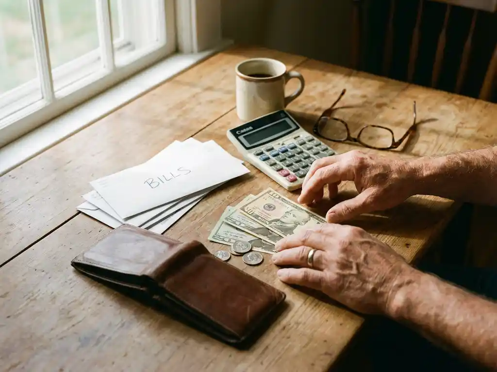 Open leather wallet on wooden table with scattered dollar bills, monthly bills, calculator, and hands reaching toward wallet