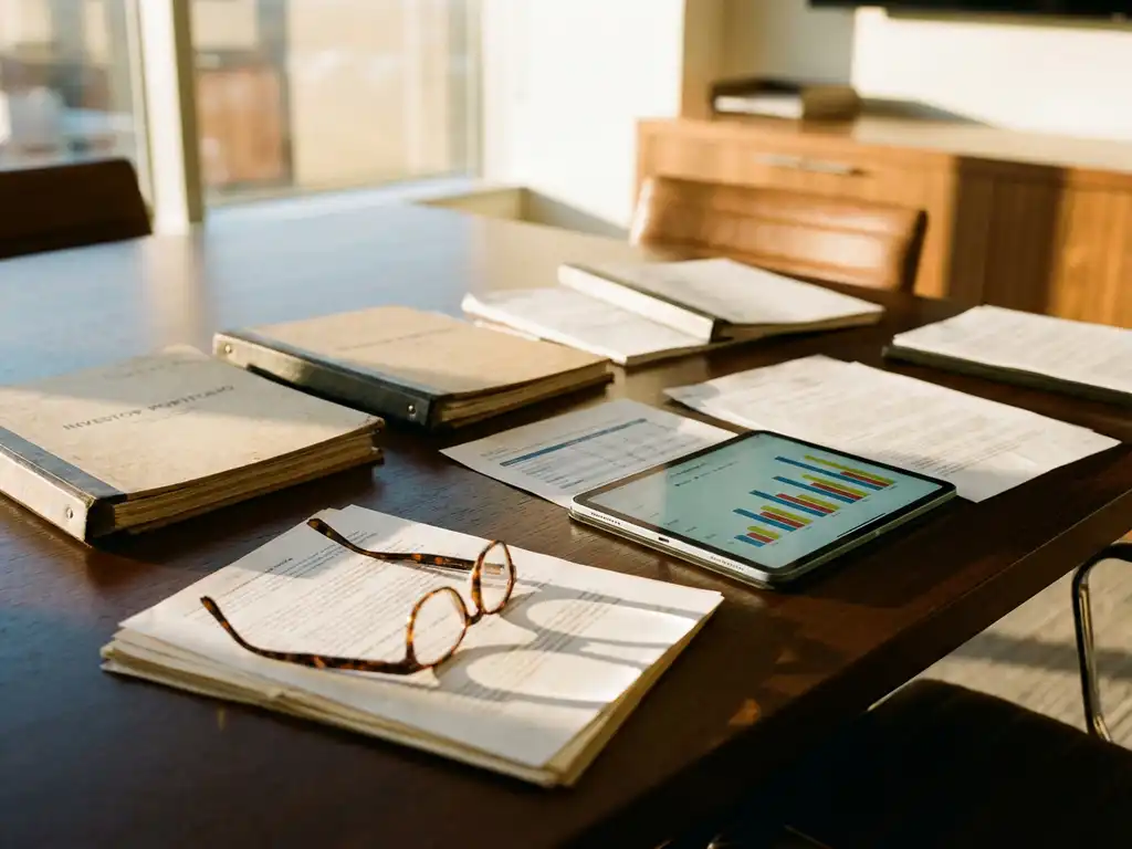 Tablet displaying financial charts on conference table with scattered investment documents and reading glasses in natural light