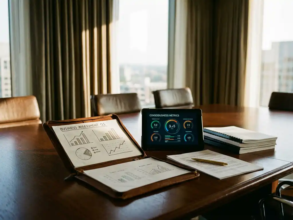 Business assessment charts and graphs on wooden boardroom table with digital tablet, documents, and golden pen in executive office