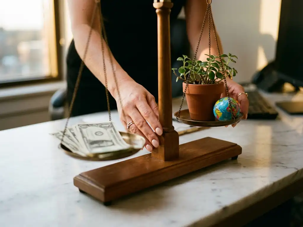 Professional businesswoman balancing wooden scale with dollar bills on one side and potted plant with globe on other