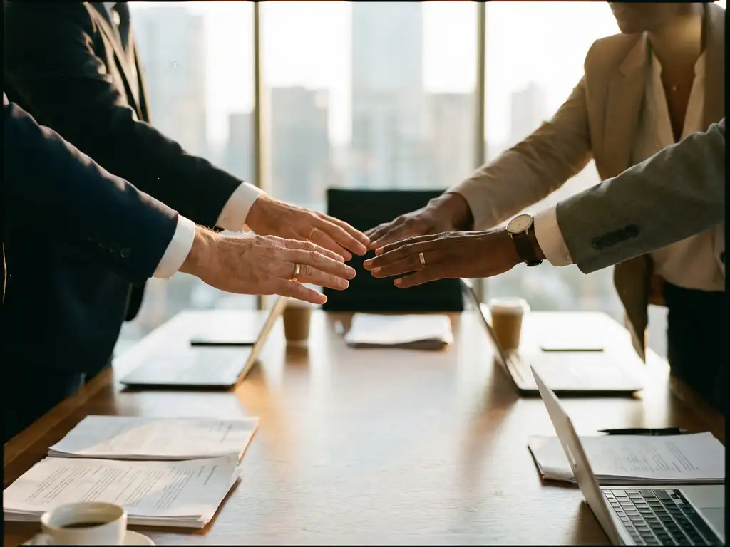 Diverse hands reaching together over conference table with business documents and laptops in warm natural light