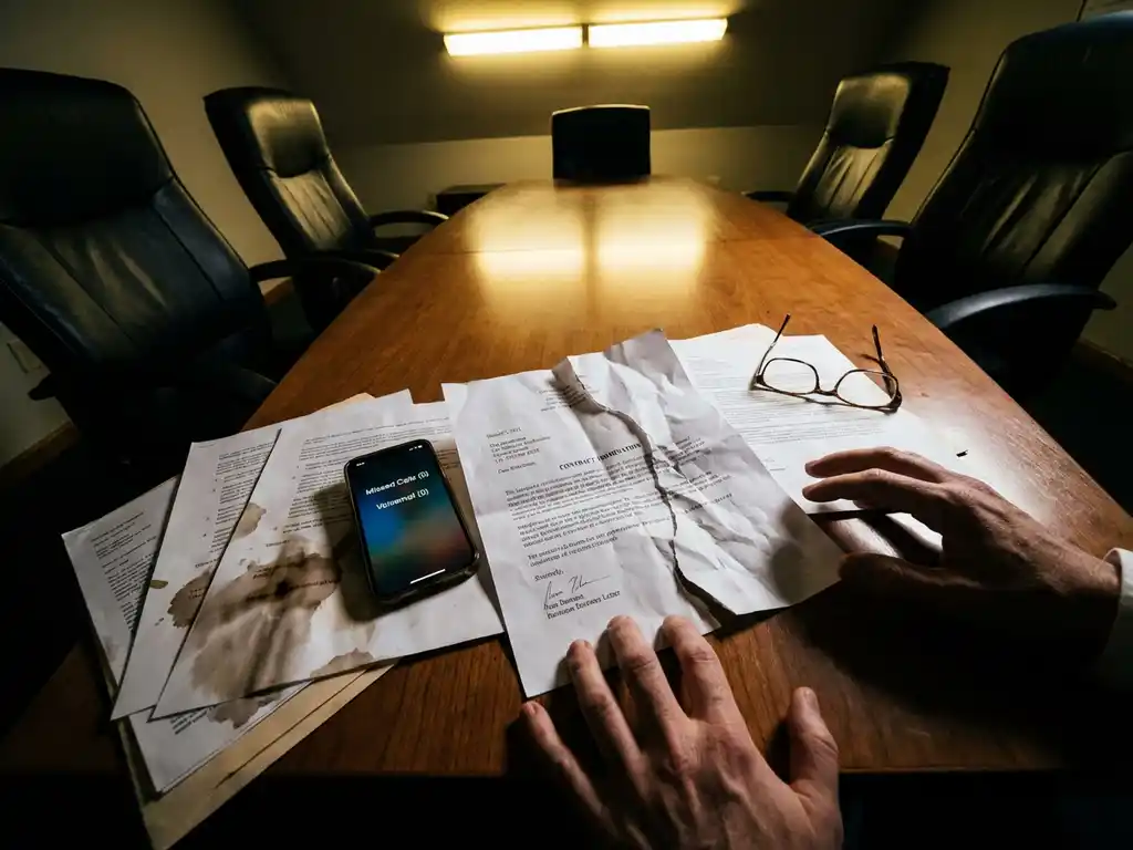 Torn business letter on conference table with smartphone showing missed calls and scattered coffee-stained papers