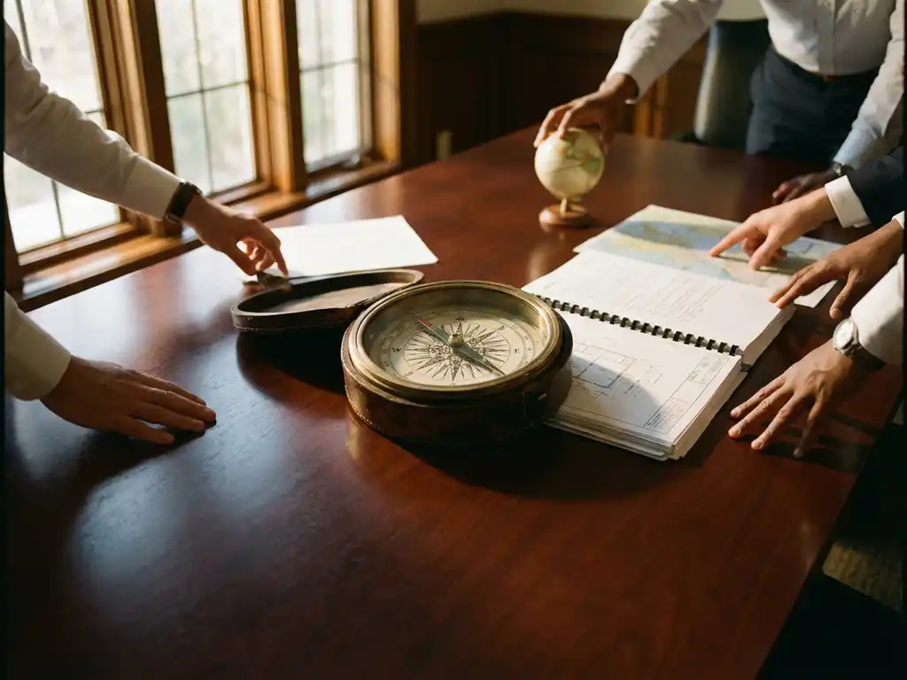Compass on conference table pointing to business documents with multiple hands reaching to adjust elements around it