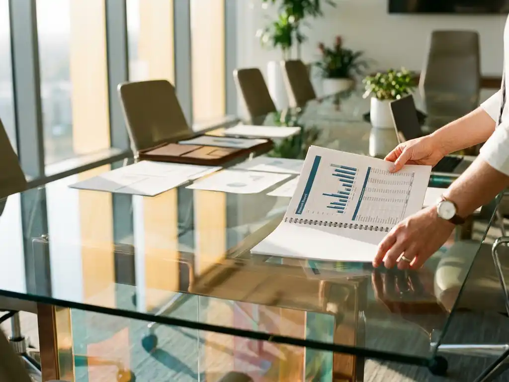 Hands placing financial report with charts on glass conference table with business documents in modern office