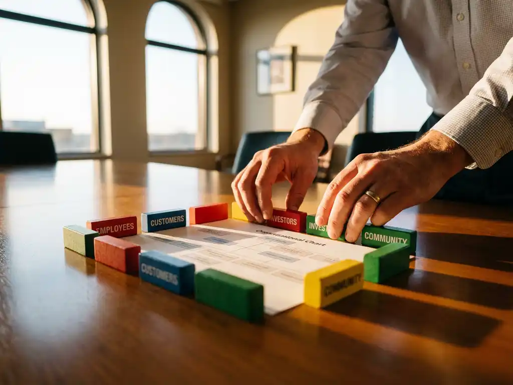 Business consultant arranging colorful wooden blocks representing stakeholder groups around organizational chart on conference table
