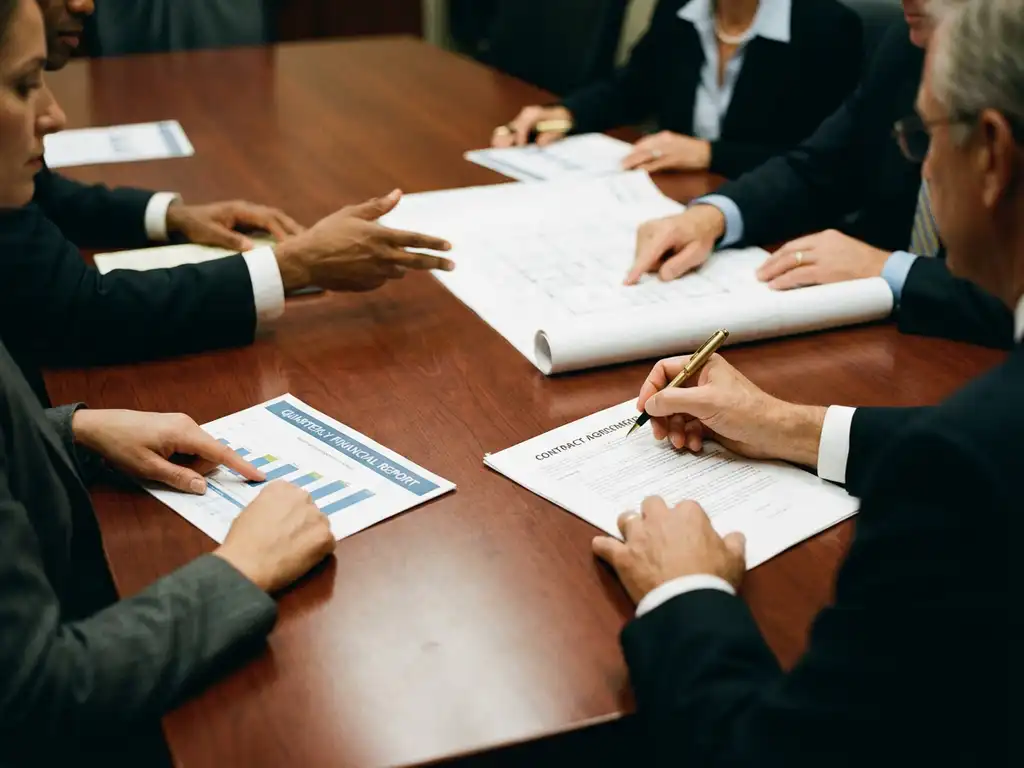 Business professionals' hands around conference table with executive holding gold pen over contract and financial documents