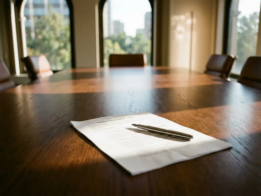 Business contract with silver pen on wooden conference table in natural light, ready for signing