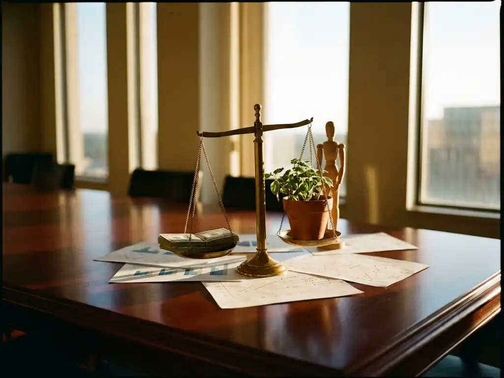 Brass balance scale on wooden boardroom table weighing dollar bills against green plant and people figurine