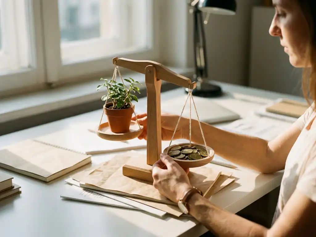 Professional woman's hands holding wooden balance scale with green plant and golden coins on white desk in sunlight