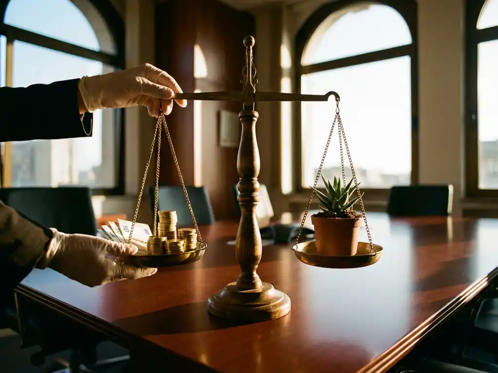 Businesswoman's hands holding balanced wooden scale with coins on one side and green plant on other at office desk