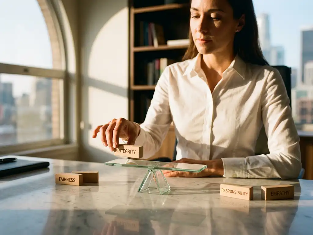 Professional businesswoman placing wooden blocks with ethical values onto glass balance scale on marble desk