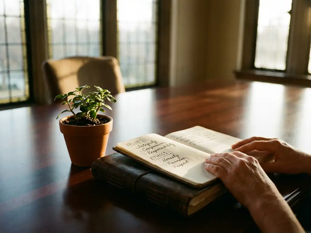 Open leather journal with handwritten ethics notes beside small potted plant on wooden boardroom table in warm sunlight