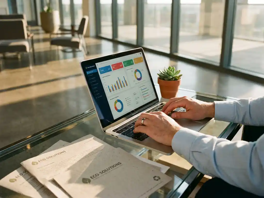Executive typing on MacBook displaying data analytics dashboards at modern glass office desk with succulent plant