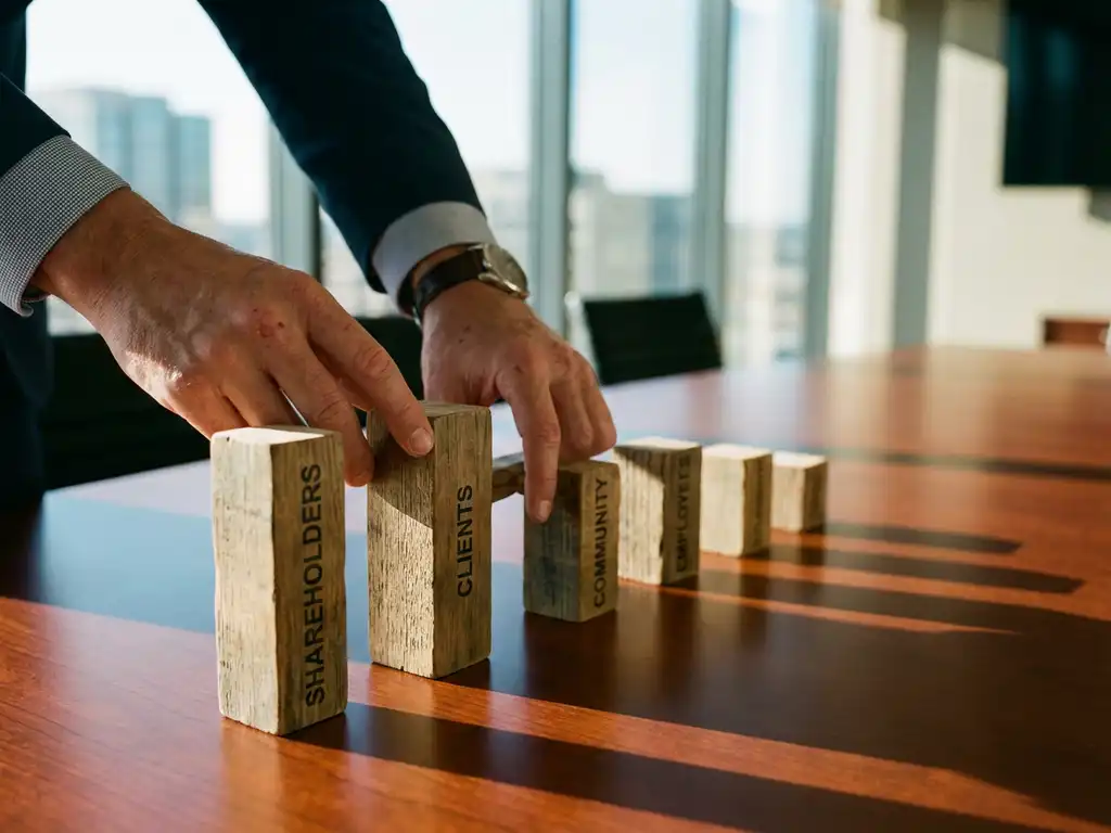 Business executive arranging wooden blocks of different heights on conference table representing stakeholder hierarchy