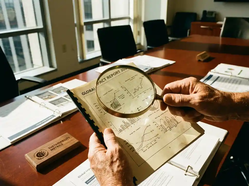 Business executive examining impact report with magnifying glass over sustainability charts and data on conference table