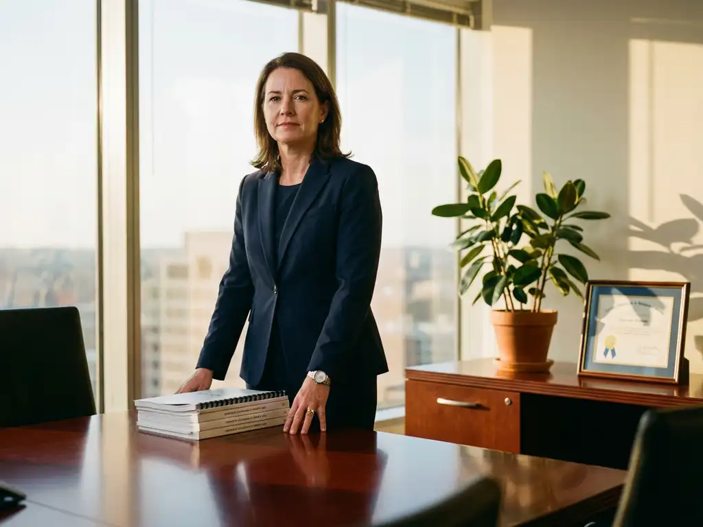 Business executive in navy suit standing behind conference table with sustainability reports and office plant in sunlit room