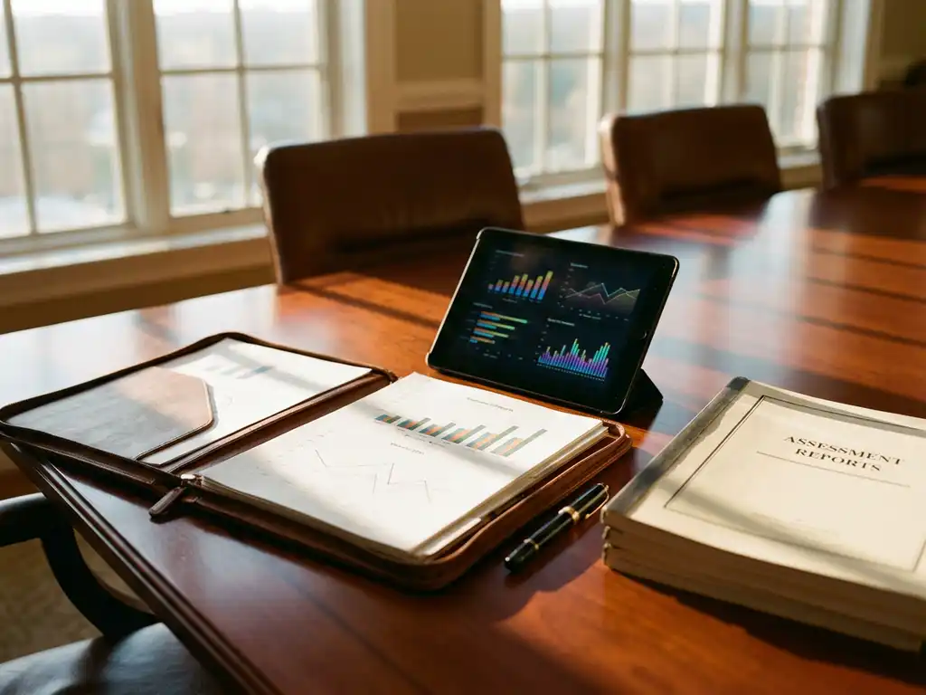 Business financial charts and graphs in leather portfolio on mahogany conference table with tablet and assessment reports