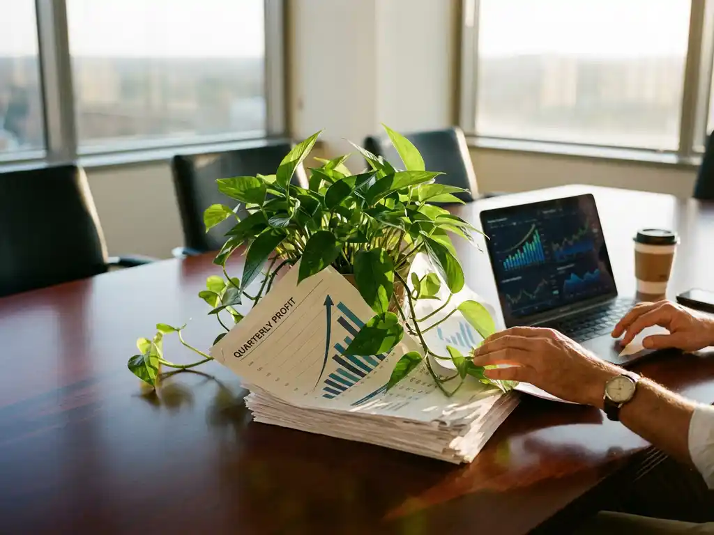 Potted plant growing through quarterly profit reports on wooden conference table with laptop displaying financial graphs